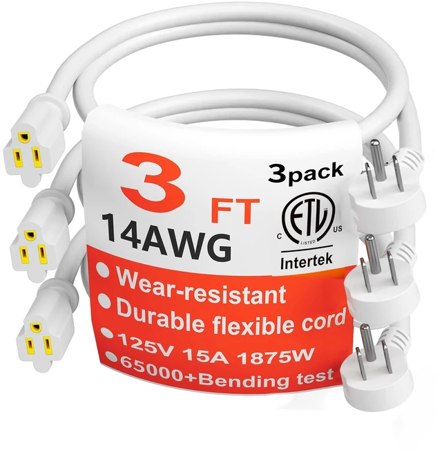 Main image of 14 Gauge 3 FT 3 Pack White Flat Plug Extension Cord, Indoor Low Profile Flat Plug, Heavy Duty 3 Prong Grounded, Flexible SJTW, 15A 1875W 125V, ETL Listed, Home/Workshop/Outdoor