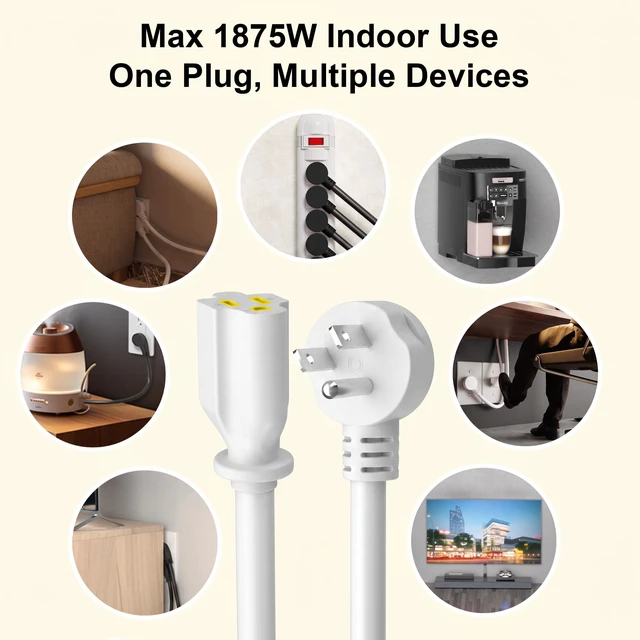 Alt view image 4 of 7 - 14 Gauge 15 FT White Flat Plug Extension Cord, Indoor Low Profile Flat Plug, Heavy Duty 3 Prong Grounded, Flexible SJTW, 15A 1875W 125V, ETL Listed, Home/Workshop/Outdoor