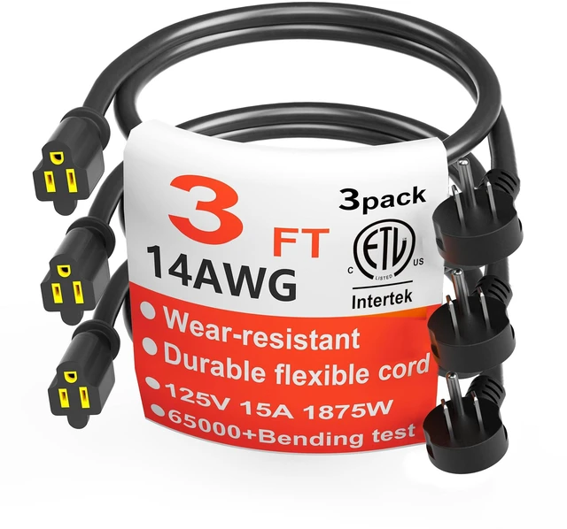 Main image of 14 Gauge 3 FT 3 Pack Black Flat Plug Extension Cord, Indoor Low Profile Flat Plug, Heavy Duty 3 Prong Grounded, Flexible SJTW, 15A 1875W 125V, ETL Listed, Home/Workshop/Outdoor