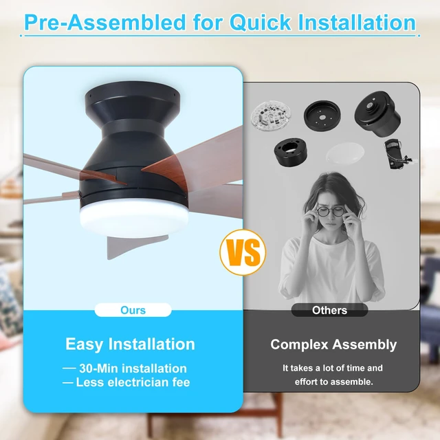 Alt view image 5 of 7 - Modern Ceiling Fan with Light: 35-Inch Black Small Fans for Bedroom Indoor Outdoor - Dimmable Low Profile Ceiling Fans with Remote Control Flush Mount 5 Reversible Walnut Blades 6 Speeds Timer