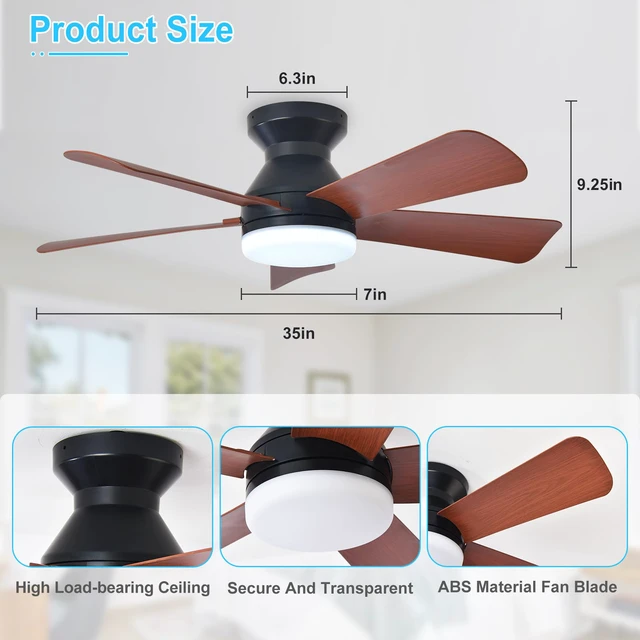Alt view image 6 of 7 - Modern Ceiling Fan with Light: 35-Inch Black Small Fans for Bedroom Indoor Outdoor - Dimmable Low Profile Ceiling Fans with Remote Control Flush Mount 5 Reversible Walnut Blades 6 Speeds Timer