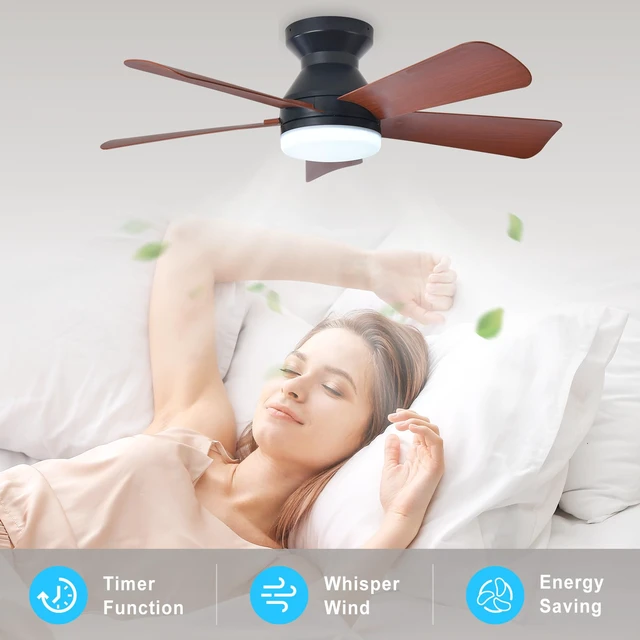 Alt view image 7 of 7 - Modern Ceiling Fan with Light: 35-Inch Black Small Fans for Bedroom Indoor Outdoor - Dimmable Low Profile Ceiling Fans with Remote Control Flush Mount 5 Reversible Walnut Blades 6 Speeds Timer