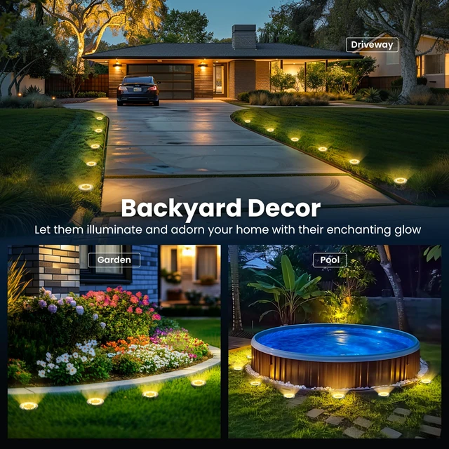 Alt view image 2 of 6 - 16 Pack Solar Ground Lights Outdoor, Backyard Decor Warm White IP65 Waterproof Stainless Steel Landscape Lighting for Walkway, Driveway, Pathway, Garden, Patio