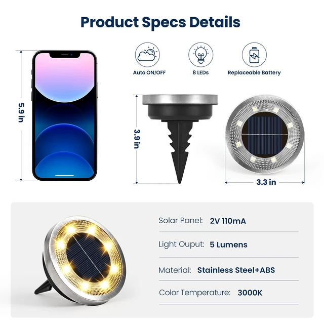 Alt view image 5 of 6 - 16 Pack Solar Ground Lights Outdoor, Backyard Decor Warm White IP65 Waterproof Stainless Steel Landscape Lighting for Walkway, Driveway, Pathway, Garden, Patio