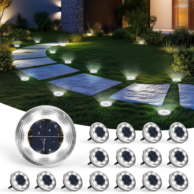 Main image of 16 Pack Solar Ground Lights Outdoor, Backyard Decor Cool White IP65 Waterproof Stainless Steel Landscape Lighting for Walkway, Driveway, Pathway, Garden, Patio
