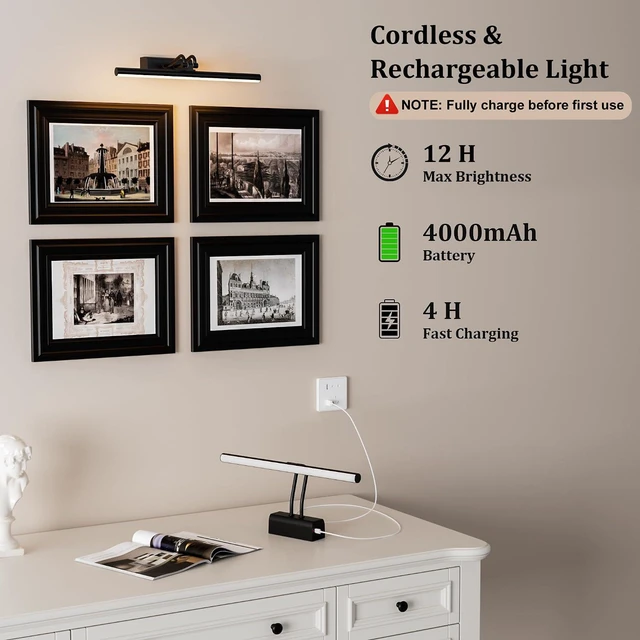 Alt view image 4 of 7 - Battery Operated Wall Light, 13.8'', Set of 2, Black, RF Remote Control 4000mAh Cordless, Wall Light, Magnetic for Easy to Charge,Timers, Display for Gallery Living Room Bedroom