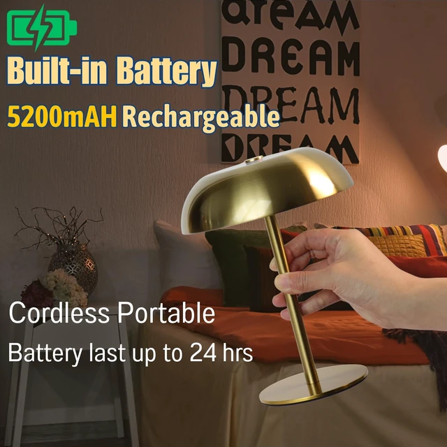 Alt view image 4 of 7 - 2 Pack Cordless Mushroom Table Lamp, Rechargeable, Dimmable 3 Color, Gold Small, 8.46in, Portable, Easy to Assemble, Metal Structure, Rechargeable, Suitable for Bedroom, Café, and Bar Counter