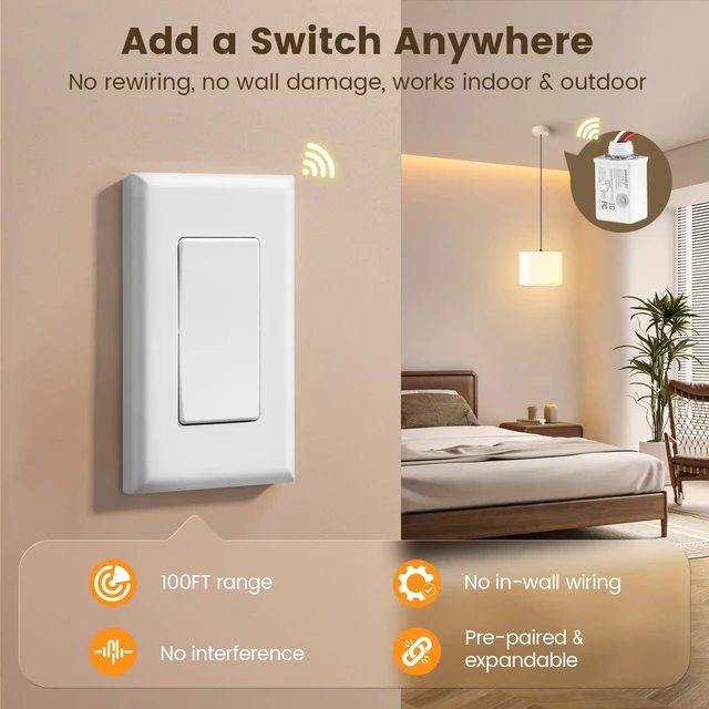 Alt view image 2 of 7 - Wireless Light Switch Kit with Receiver, 15A RF Remote Control No Wiring Required, No Interference, 100 ft Range, Expandable Wall Switch for Lamp, Ceiling Light, Fan & Outdoor Lighting