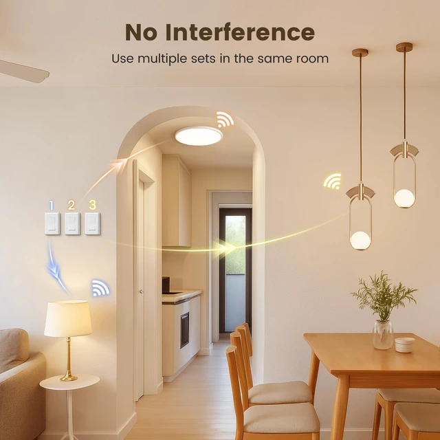 Alt view image 3 of 7 - Wireless Light Switch Kit with Receiver, 15A RF Remote Control No Wiring Required, No Interference, 100 ft Range, Expandable Wall Switch for Lamp, Ceiling Light, Fan & Outdoor Lighting