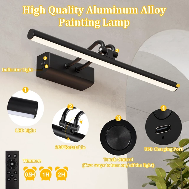 Alt view image 6 of 7 - Battery Operated Wall Light, 13.8'', Set of 2, Black, RF Remote Control 4000mAh Cordless, Wall Light, Magnetic for Easy to Charge,Timers, Display for Gallery Living Room Bedroom