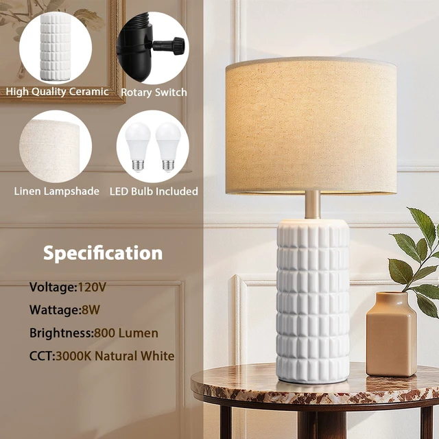 Alt view image 5 of 7 - 23" Ceramic Table Lamps Set of 2, Lamps for Bedroom, Light White Lamp for Living Room, Bedroom, Bedside, Night Stands, End Table, Desk, Farmhouse Home Decor