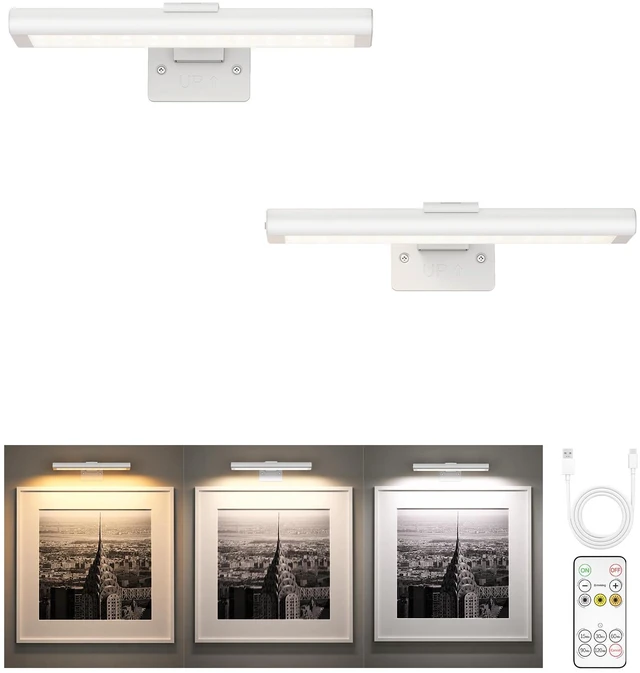 Main image of Picture Light for Wall, Rechargeable 2400mAh Lights Wireless with IR Remote, 3 Color & Dimmable Magnetic 7.87'' LED Lights Display for Painting, Living Room, Gallery, Bedroom Art(White-2P)