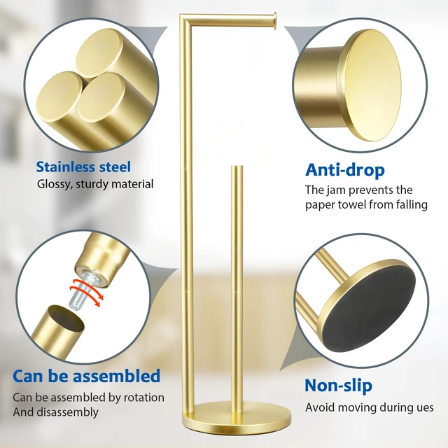 Alt view image 3 of 6 - Toilet Paper Holder Stand, Bathroom Free Standing with Storage, Gold Rustproof Toilet Paper Roll Holder for 4 Rolls,with Non-Slip Stable Base,Bathroom Organizers and Storage