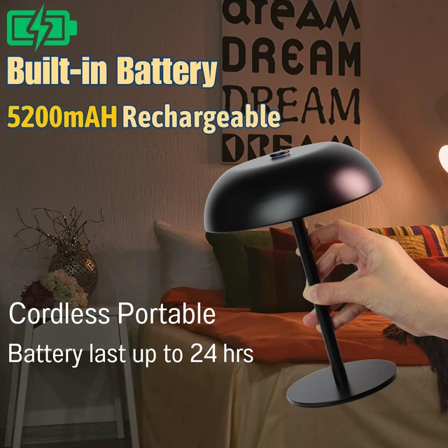 Alt view image 4 of 7 - 2 Pack Cordless Mushroom Table Lamp, Rechargeable, Dimmable 3 Color, Black Small, 8.46in, Portable, Easy to Assemble, Metal Structure, Rechargeable, Suitable for Bedroom, Café, and Bar Counter