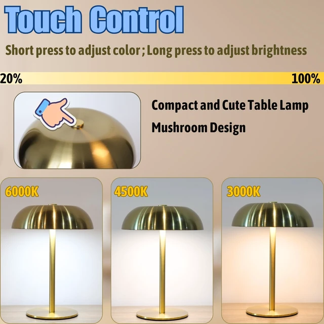 Alt view image 6 of 7 - 2 Pack Cordless Mushroom Table Lamp, Rechargeable, Dimmable 3 Color, Gold Small, 8.46in, Portable, Easy to Assemble, Metal Structure, Rechargeable, Suitable for Bedroom, Café, and Bar Counter
