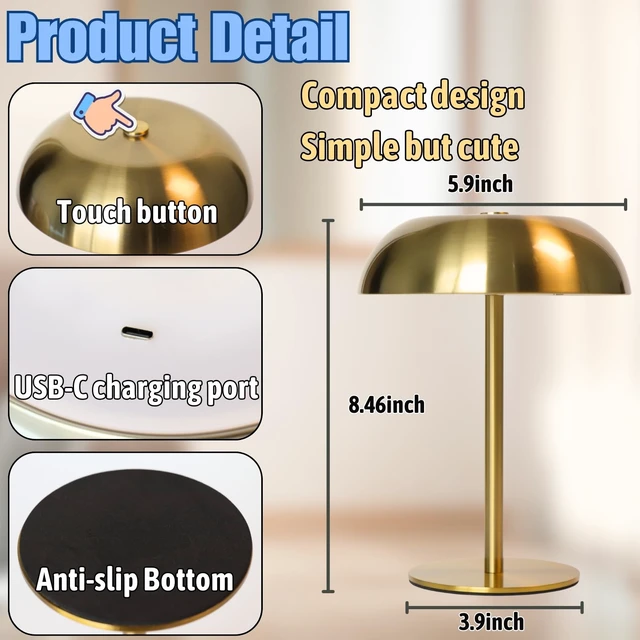 Alt view image 7 of 7 - 2 Pack Cordless Mushroom Table Lamp, Rechargeable, Dimmable 3 Color, Gold Small, 8.46in, Portable, Easy to Assemble, Metal Structure, Rechargeable, Suitable for Bedroom, Café, and Bar Counter