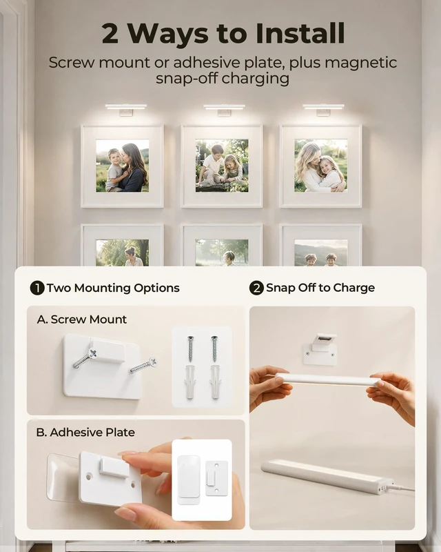 Alt view image 7 of 7 - Picture Light for Wall, Rechargeable 2400mAh Lights Wireless with IR Remote, 3 Color & Dimmable Magnetic 7.87'' LED Lights Display for Painting, Living Room, Gallery, Bedroom Art(White-2P)