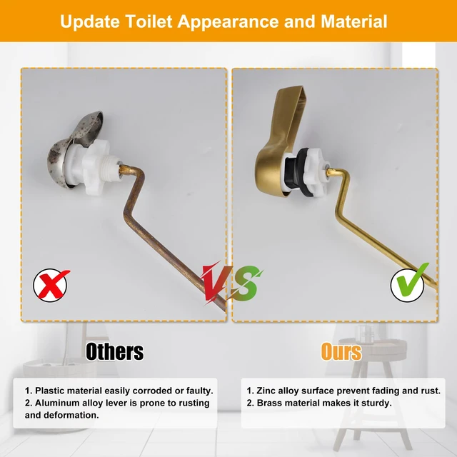 Alt view image 6 of 7 - Universal Metal Side Mount Toilet Handle Kit, Brushed Gold Solid Brass Toilet Flush Tank Lever with Stainless Steel Adjustable Flapper Chains, Side Tank Toilet Handle for Most Toilets