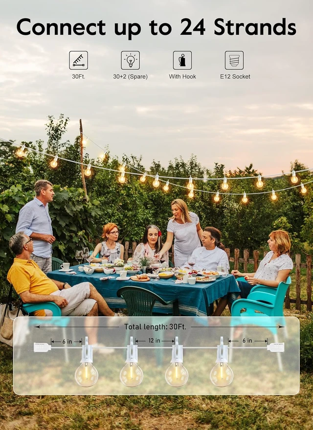 Alt view image 2 of 6 - 30 FT Outdoor String Lights - Commercial Globe Patio Lights with 30 G40 LED Shatterproof Bulbs, Waterproof Connectable Hanging Light for Backyard Bistro Porch Cafe Deck
