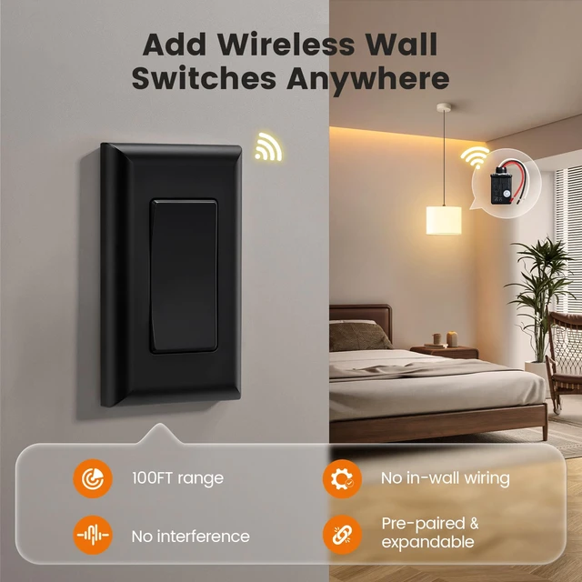 Alt view image 2 of 7 - Wireless Light Switch and Receiver Kit, Black, 15A Remote Control No Wiring Required, No Interference, 100 ft Range, Expandable Wall Switch for Lamp, Ceiling Light, Fan & Outdoor Lighting