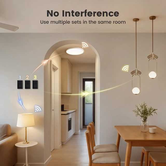 Alt view image 3 of 7 - Wireless Light Switch and Receiver Kit, Black, 15A Remote Control No Wiring Required, No Interference, 100 ft Range, Expandable Wall Switch for Lamp, Ceiling Light, Fan & Outdoor Lighting