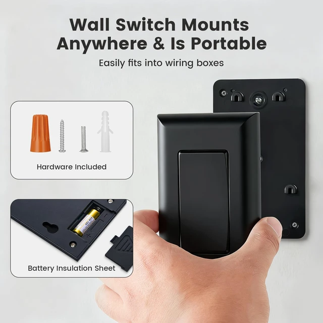 Alt view image 7 of 7 - Wireless Light Switch and Receiver Kit, Black, 15A Remote Control No Wiring Required, No Interference, 100 ft Range, Expandable Wall Switch for Lamp, Ceiling Light, Fan & Outdoor Lighting