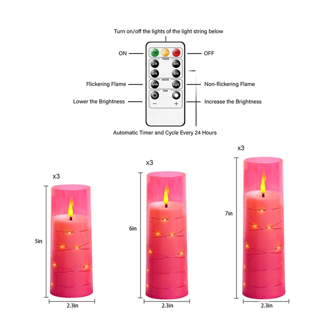 Alt view image 2 of 6 - Flickering Flameless LED Candles,Battery Operated Candles 9 Pcs with Embedded Star String,Acrylic LED Pillar Candles with Remote,Suitable for Home Decoration to Create an Atmosphere (Pink)