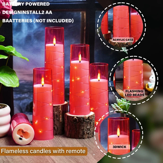 Alt view image 3 of 6 - Flickering Flameless LED Candles,Battery Operated Candles 9 Pcs with Embedded Star String,Acrylic LED Pillar Candles with Remote,Suitable for Home Decoration to Create an Atmosphere (Pink)