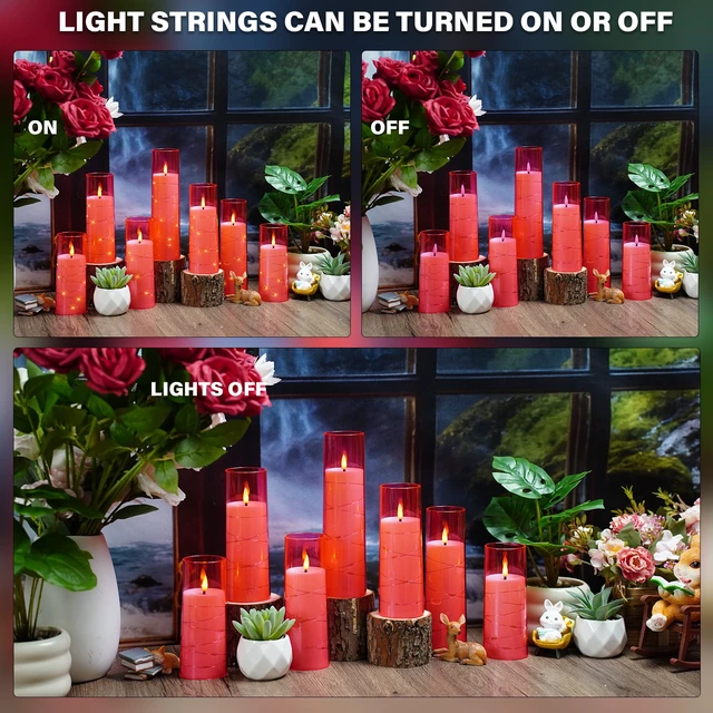 Alt view image 4 of 6 - Flickering Flameless LED Candles,Battery Operated Candles 9 Pcs with Embedded Star String,Acrylic LED Pillar Candles with Remote,Suitable for Home Decoration to Create an Atmosphere (Pink)
