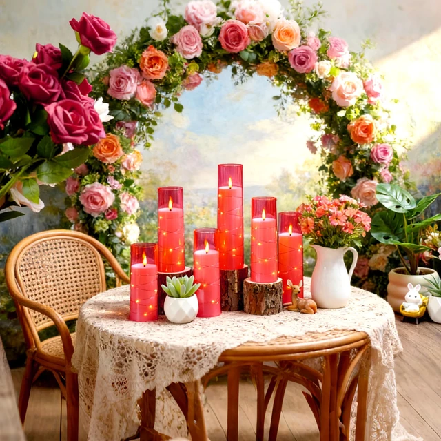 Alt view image 5 of 6 - Flickering Flameless LED Candles,Battery Operated Candles 9 Pcs with Embedded Star String,Acrylic LED Pillar Candles with Remote,Suitable for Home Decoration to Create an Atmosphere (Pink)