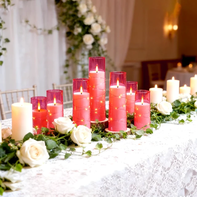 Alt view image 6 of 6 - Flickering Flameless LED Candles,Battery Operated Candles 9 Pcs with Embedded Star String,Acrylic LED Pillar Candles with Remote,Suitable for Home Decoration to Create an Atmosphere (Pink)