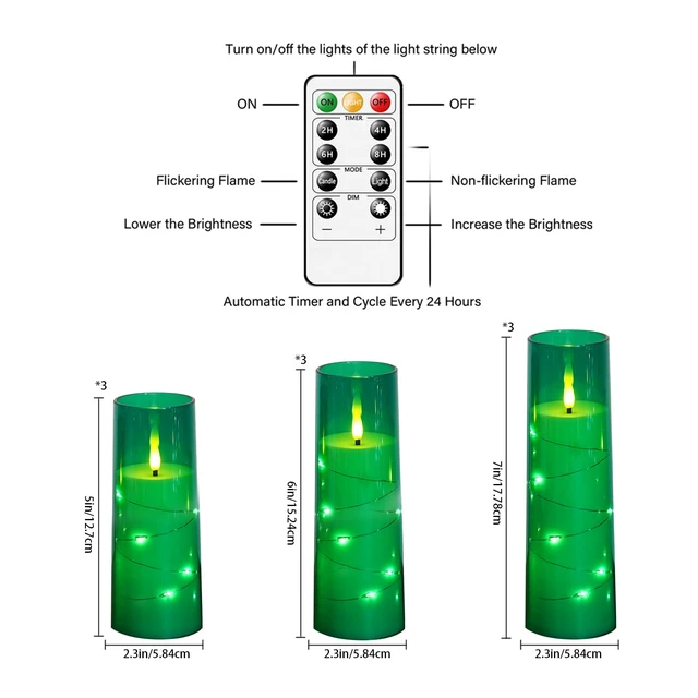Alt view image 2 of 6 - Flickering Flameless LED Candles,Battery Operated Candles 9 Pcs with Embedded Star String,Acrylic LED Pillar Candles with Remote,Suitable for Home Decoration to Create an Atmosphere (Green)