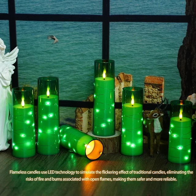 Alt view image 5 of 6 - Flickering Flameless LED Candles,Battery Operated Candles 9 Pcs with Embedded Star String,Acrylic LED Pillar Candles with Remote,Suitable for Home Decoration to Create an Atmosphere (Green)