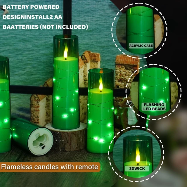 Alt view image 3 of 6 - Flickering Flameless LED Candles,Battery Operated Candles 9 Pcs with Embedded Star String,Acrylic LED Pillar Candles with Remote,Suitable for Home Decoration to Create an Atmosphere (Green)