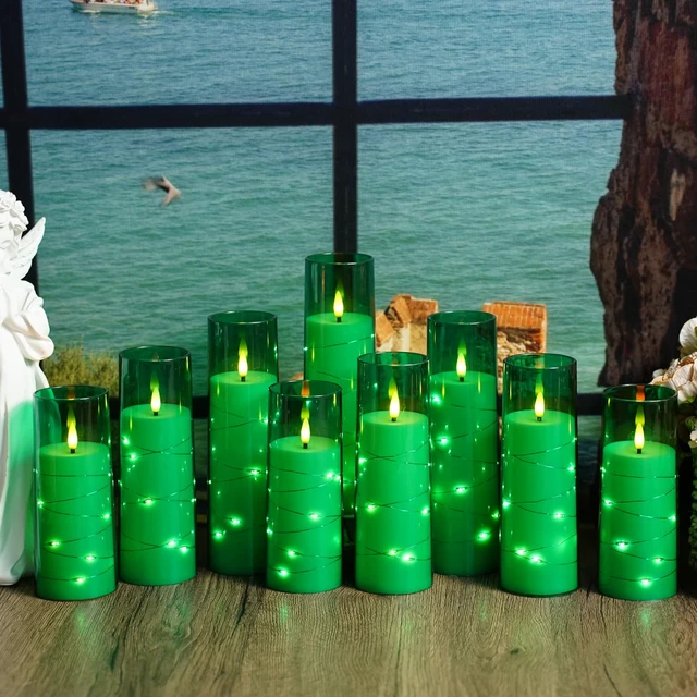 Alt view image 6 of 6 - Flickering Flameless LED Candles,Battery Operated Candles 9 Pcs with Embedded Star String,Acrylic LED Pillar Candles with Remote,Suitable for Home Decoration to Create an Atmosphere (Green)