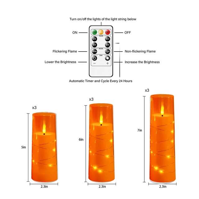 Alt view image 2 of 6 - Flickering Flameless LED Candles,Battery Operated Candles 9 Pcs with Embedded Star String,Acrylic LED Pillar Candles with Remote,Suitable for Home Decoration to Create an Atmosphere (Orange)