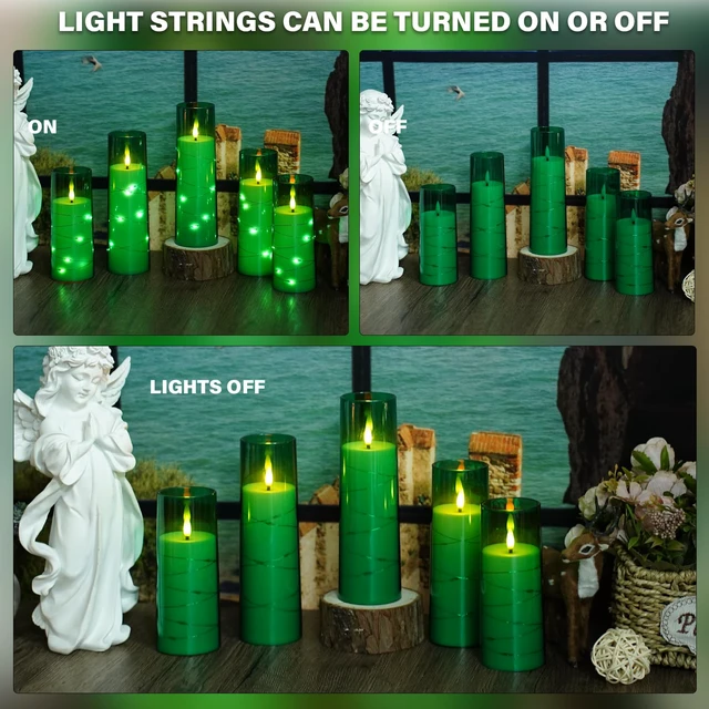 Alt view image 4 of 6 - Flickering Flameless LED Candles,Battery Operated Candles 9 Pcs with Embedded Star String,Acrylic LED Pillar Candles with Remote,Suitable for Home Decoration to Create an Atmosphere (Green)