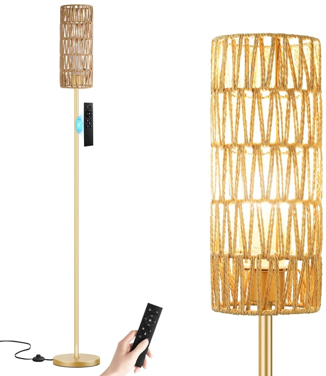 Main image of 64'' Floor Lamps for Living Room with Remote Control and Stepless Dimmable Colors Temperature & Brightness, Boho Gold Standing Lamp with Beige Rattan Shade