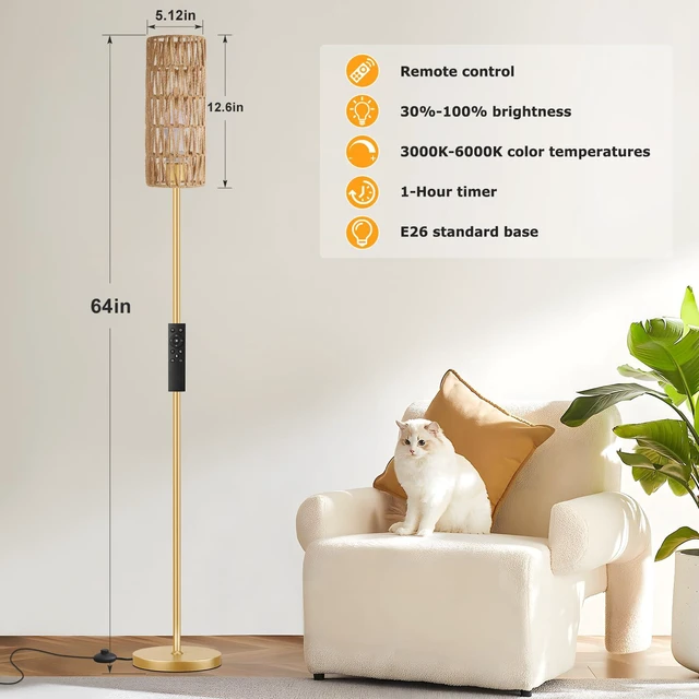 Alt view image 2 of 6 - 64'' Floor Lamps for Living Room with Remote Control and Stepless Dimmable Colors Temperature & Brightness, Boho Gold Standing Lamp with Beige Rattan Shade