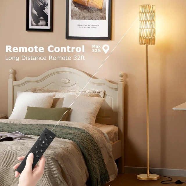 Alt view image 4 of 6 - 64'' Floor Lamps for Living Room with Remote Control and Stepless Dimmable Colors Temperature & Brightness, Boho Gold Standing Lamp with Beige Rattan Shade