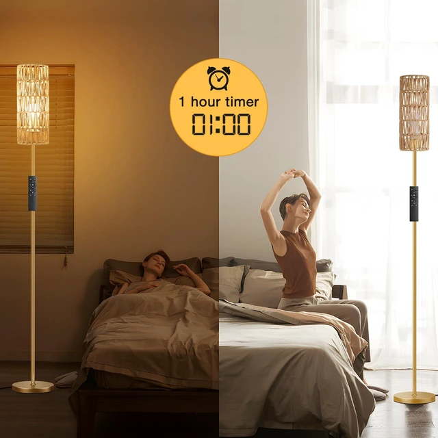 Alt view image 5 of 6 - 64'' Floor Lamps for Living Room with Remote Control and Stepless Dimmable Colors Temperature & Brightness, Boho Gold Standing Lamp with Beige Rattan Shade