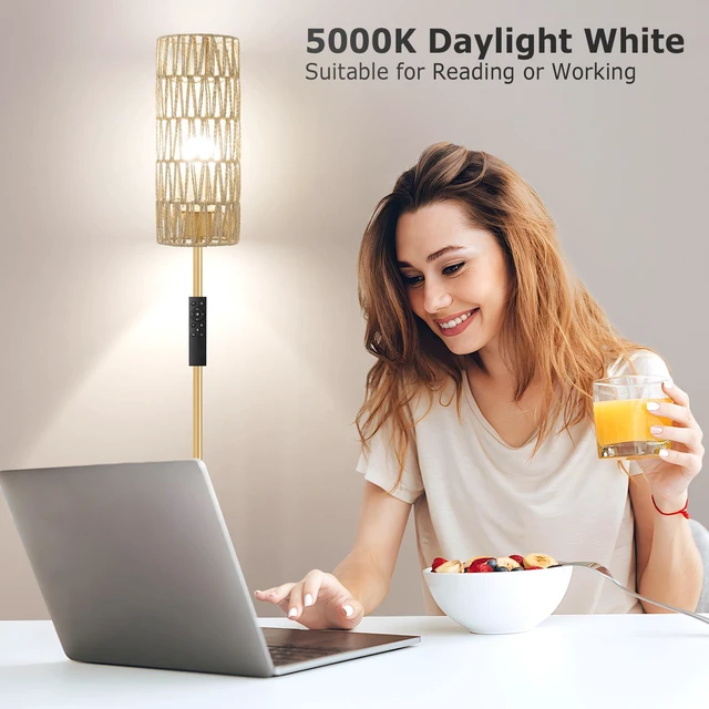 Alt view image 6 of 6 - 64'' Floor Lamps for Living Room with Remote Control and Stepless Dimmable Colors Temperature & Brightness, Boho Gold Standing Lamp with Beige Rattan Shade