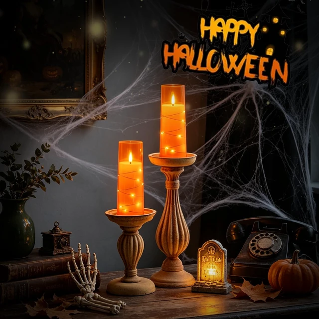 Alt view image 5 of 6 - Flickering Flameless LED Candles,Battery Operated Candles 9 Pcs with Embedded Star String,Acrylic LED Pillar Candles with Remote,Suitable for Home Decoration to Create an Atmosphere (Orange)