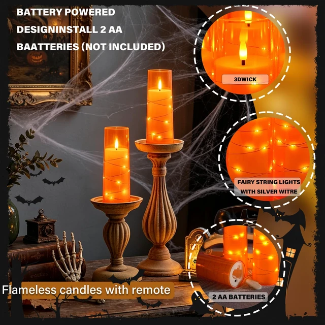 Alt view image 3 of 6 - Flickering Flameless LED Candles,Battery Operated Candles 9 Pcs with Embedded Star String,Acrylic LED Pillar Candles with Remote,Suitable for Home Decoration to Create an Atmosphere (Orange)