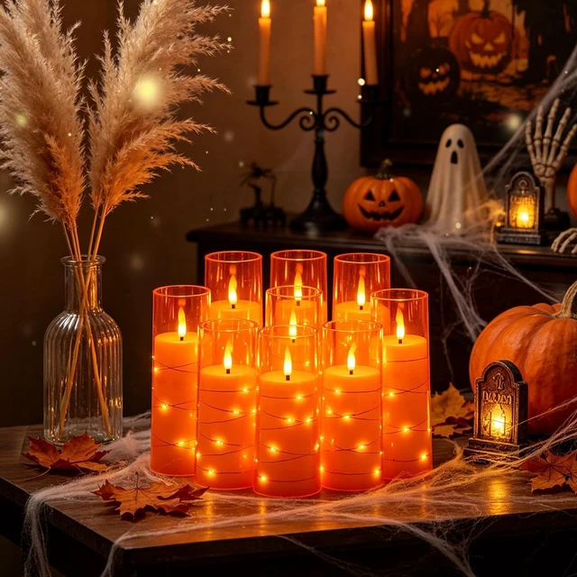 Alt view image 4 of 6 - Flickering Flameless LED Candles,Battery Operated Candles 9 Pcs with Embedded Star String,Acrylic LED Pillar Candles with Remote,Suitable for Home Decoration to Create an Atmosphere (Orange)