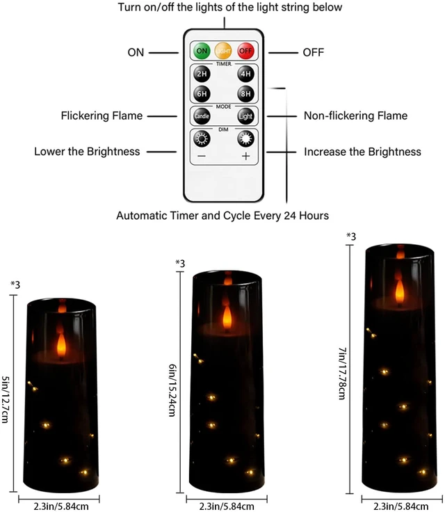 Alt view image 2 of 6 - Flickering Flameless LED Candles, 9 Pcs with Embedded Star String, Acrylic LED Pillar Candles with Remote, Suitable for Home Decoration (Black)