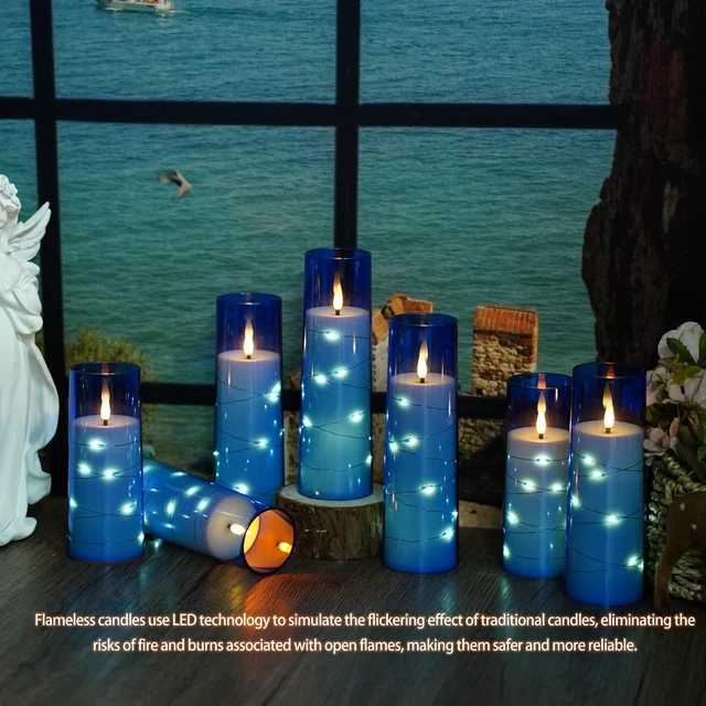 Alt view image 5 of 6 - Flickering Flameless LED Candles,Battery Operated Candles 9 Pcs with Embedded Star String,Acrylic LED Pillar Candles with Remote,Suitable for Home Decoration to Create an Atmosphere (Blue)