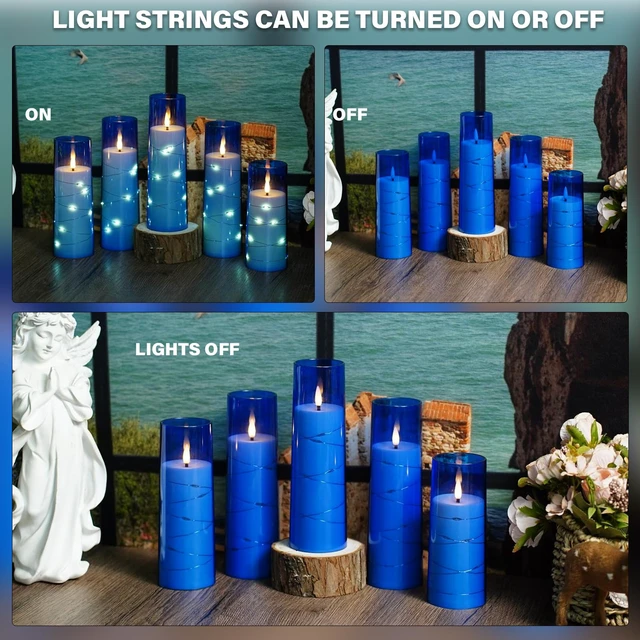 Alt view image 4 of 6 - Flickering Flameless LED Candles,Battery Operated Candles 9 Pcs with Embedded Star String,Acrylic LED Pillar Candles with Remote,Suitable for Home Decoration to Create an Atmosphere (Blue)