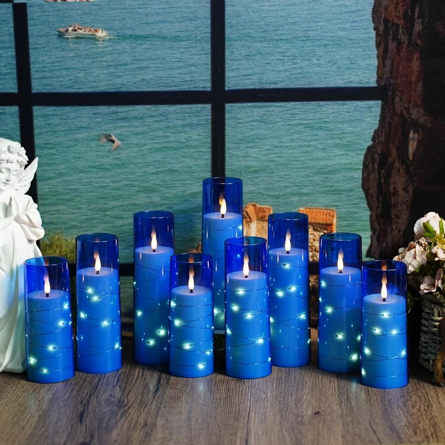 Alt view image 6 of 6 - Flickering Flameless LED Candles,Battery Operated Candles 9 Pcs with Embedded Star String,Acrylic LED Pillar Candles with Remote,Suitable for Home Decoration to Create an Atmosphere (Blue)