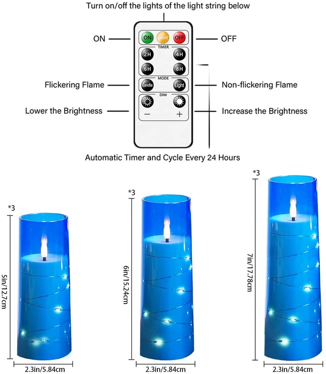 Alt view image 2 of 6 - Flickering Flameless LED Candles,Battery Operated Candles 9 Pcs with Embedded Star String,Acrylic LED Pillar Candles with Remote,Suitable for Home Decoration to Create an Atmosphere (Blue)
